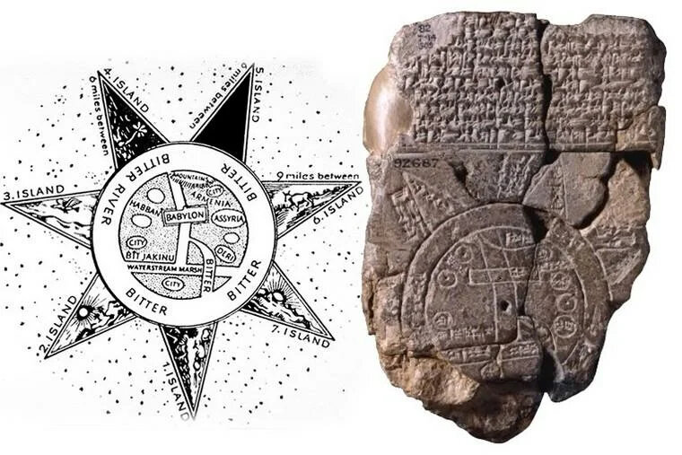 Найденный фрагмент  глиняной таблички. Вавилон, 7 век до н.э.(справа). Восстановленный по записям общий рисунок(слева)