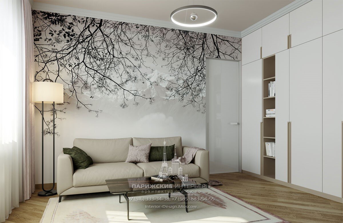 На фото: Фреска в дизайне современной гостиной в светлых тонах