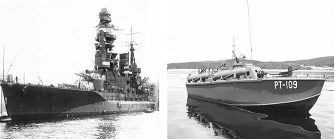 Японский линкор и торпедный катер ВМС США серии "Элко-80" (фото из открытых источников)