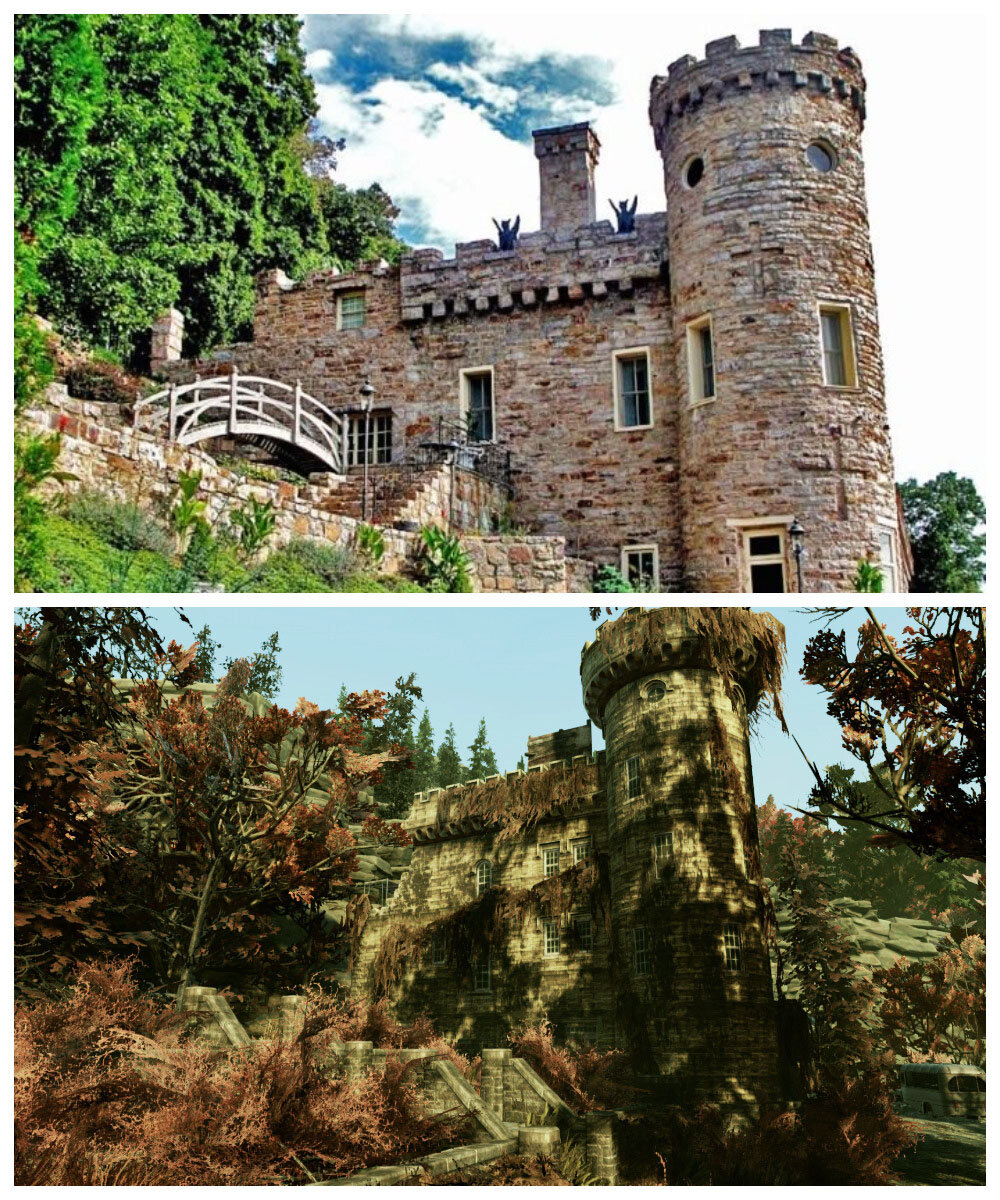 Сверху замок Беркли-спрингс, внизу - скриншот из игры Fallout 76