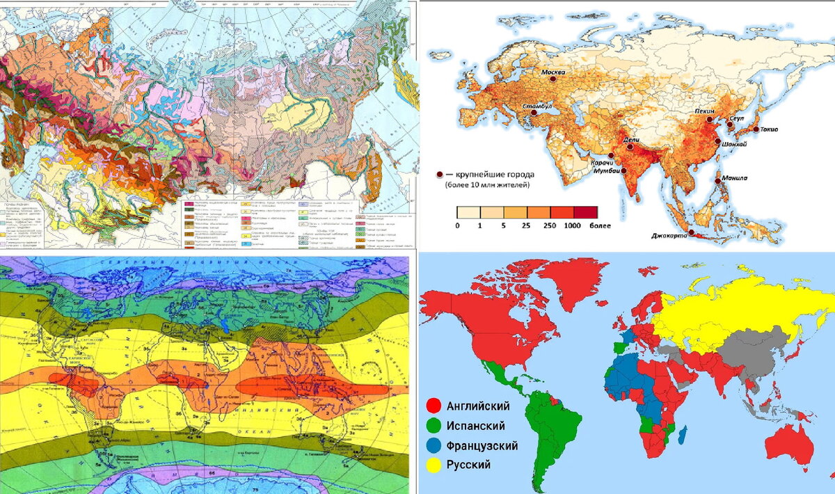 Примеры тематических карт: почвенная карта России, карта плотности населения России, климатическая карта мира, карта самых распространенных в мире языков