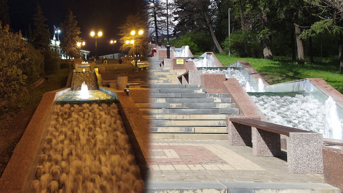 Каскад фонтанов ночью и днем