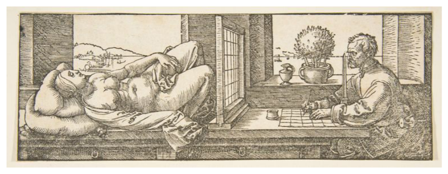 Альбрехт Дюрер (1471-1528). «Рисовальщик, выполняющий рисунок женщины в перспективе» 1525 г. Гравюра. Метрополитен-музей, Нью-Йорк