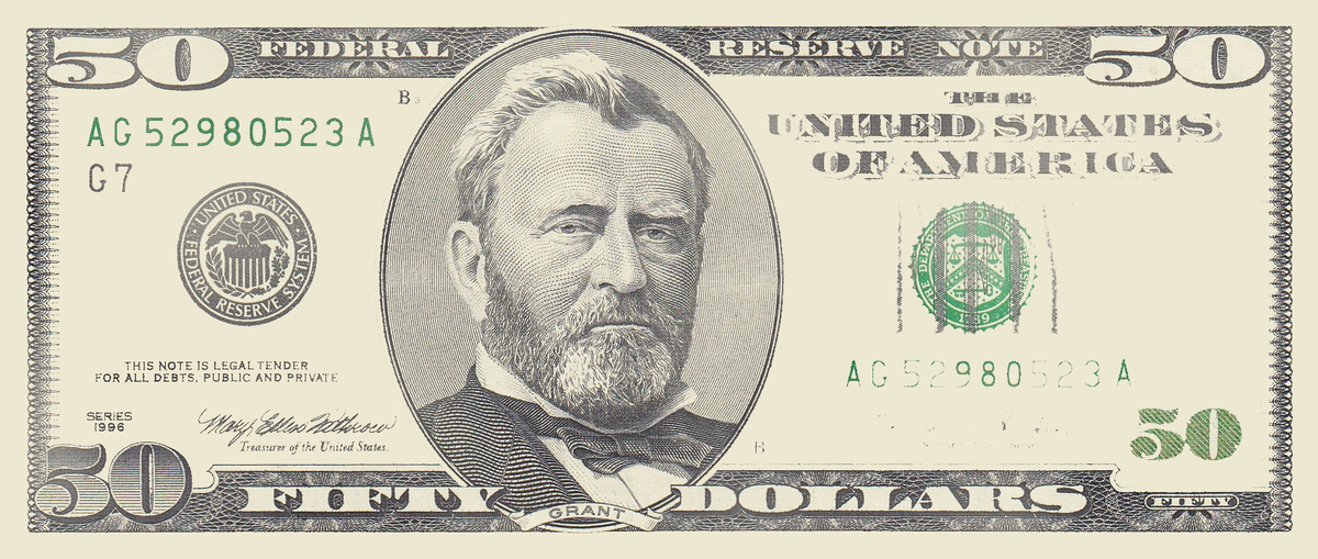 Пример купюры с изображением Улисса Гранта. 