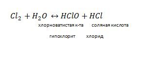 Реакция взаимонодействия свободного хлора с водой с образованием Хлорноватистой кислоты (гипохлорит ион- бактерицидная активность) и соляной кислоты (хлорид ион- нет бактерицидной активности).