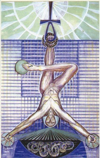 "Я смотрю на карту и ищу деталь, за которую зацепится взгляд. Я ищу образ который расскажет историю, воспоминание вызванное символом, настроение и атмосферу. Я перестаю видеть что-либо, кроме карты перед собой, и образ на ней оживает. Я вижу не картину, а историю за ней, детали на картине сплетаются вместе и вопрос "на что я смотрю?" сменяет осознание. Повешенный, намертво прибитый к системе своих убеждений, привязанный к циклу солнца-перерождений. Его голова полна мысли, сплетенных в тугой узел змеи ищущей выход."