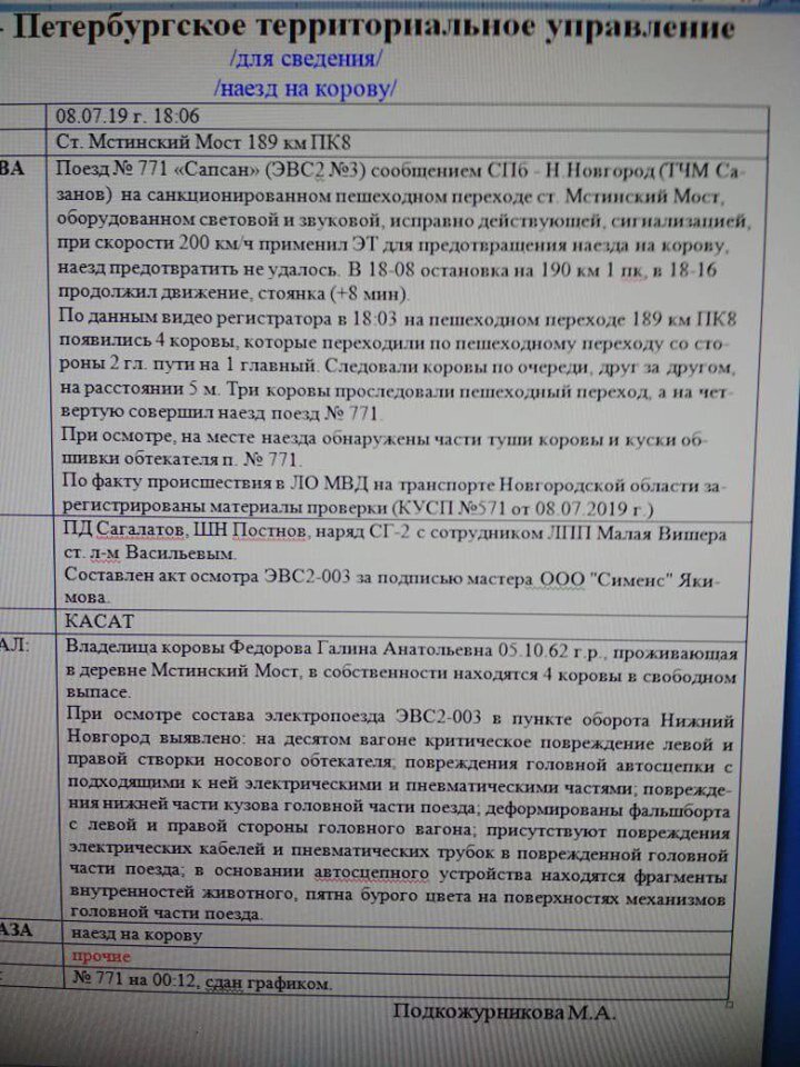   Это - голова "Сапсана", сбившего корову на путях в районе Окуловки (рейс 8 июля). Причем поезд продолжил движение и в Тверь прибыл всего на 9 минут позже расписания. А в Москву - и вообще по графику!-2