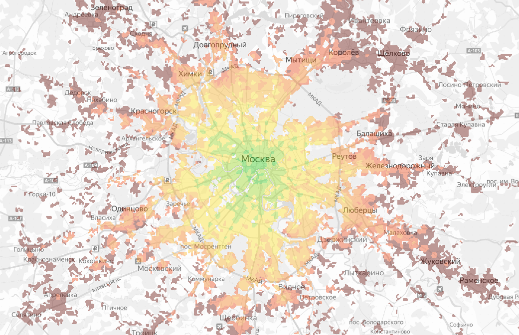 Карта транспортной доступности Москвы. Источник: Яндекс.Недвижимость