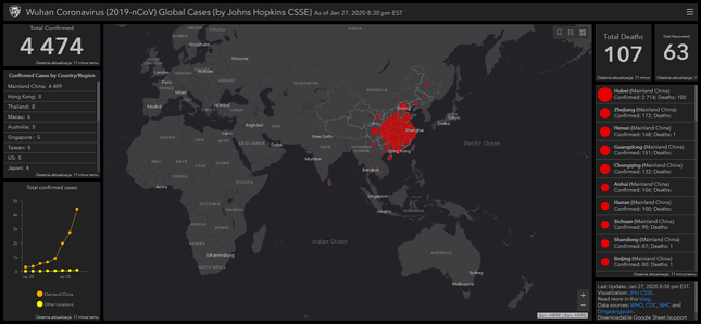 Карта случаев заболевания коронавирусом 2019-nCoV, созданная Университетом Джона Хопкинса