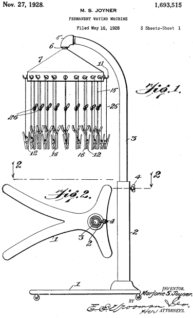 Патентное изображение машины постоянной волны, изобретенной Джойнером в 1928 году.