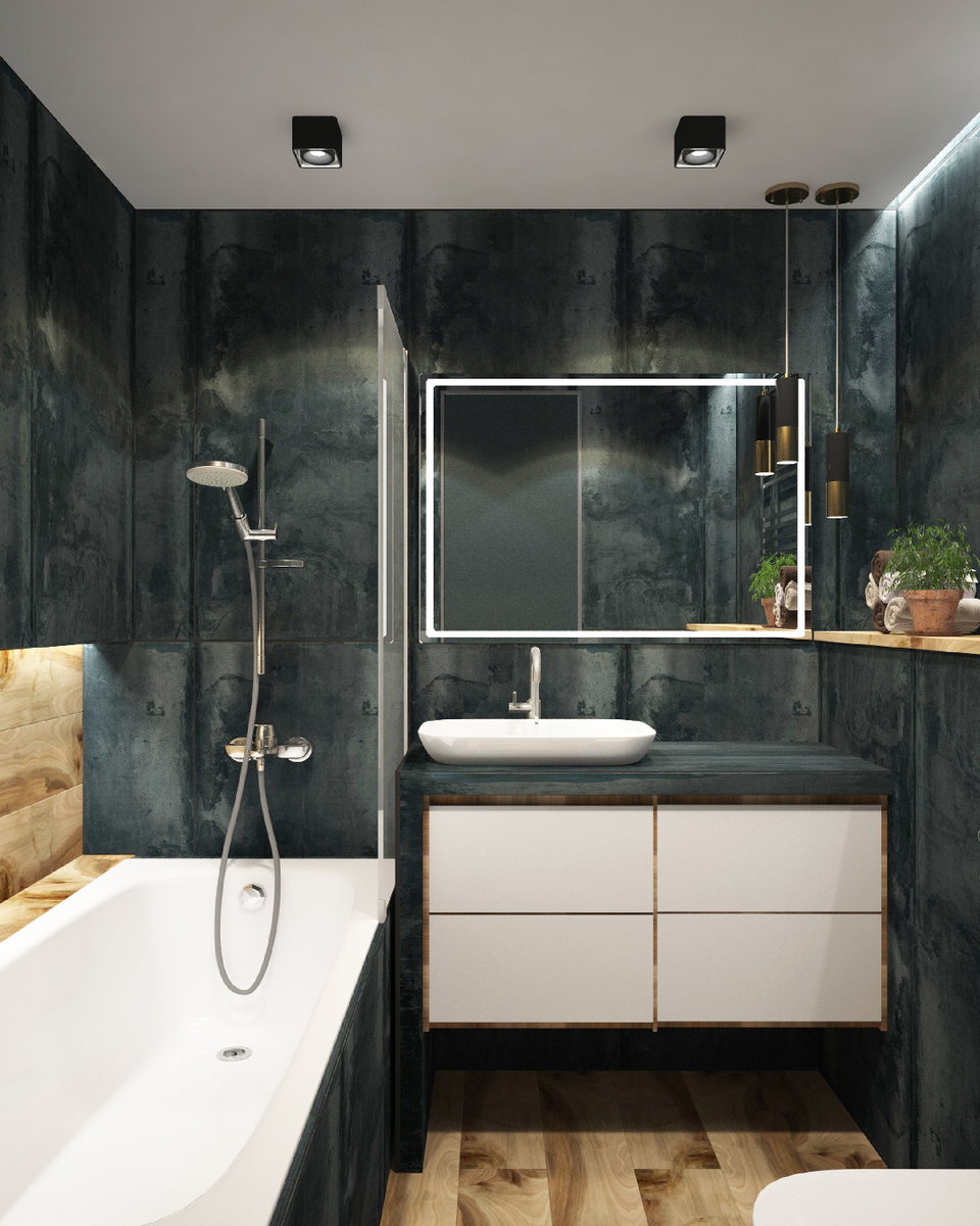 Пример интерьера ванной комнаты с использованием крупноформатного керамогранита