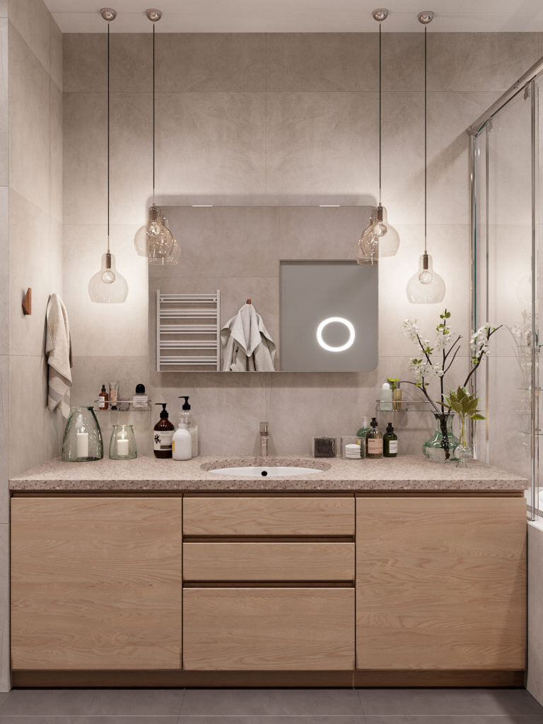 Зеленый, серый и много дерева. Современный интерьер трехкомнатная квартиры