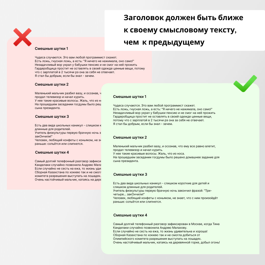 Пример плохого оформления текста с одинаковым расстоянием между заголовком и хорошие разбивки до текстового блока.