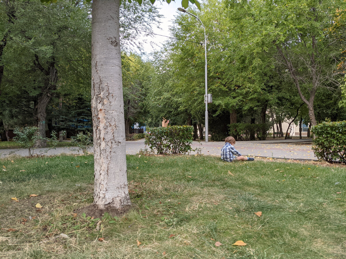 Последняя прогулка с сыном, пока он еще единственный ребенок. Тогда чаще всего с ним гуляла именно я. Тут он обиделся и сидит отдельно.