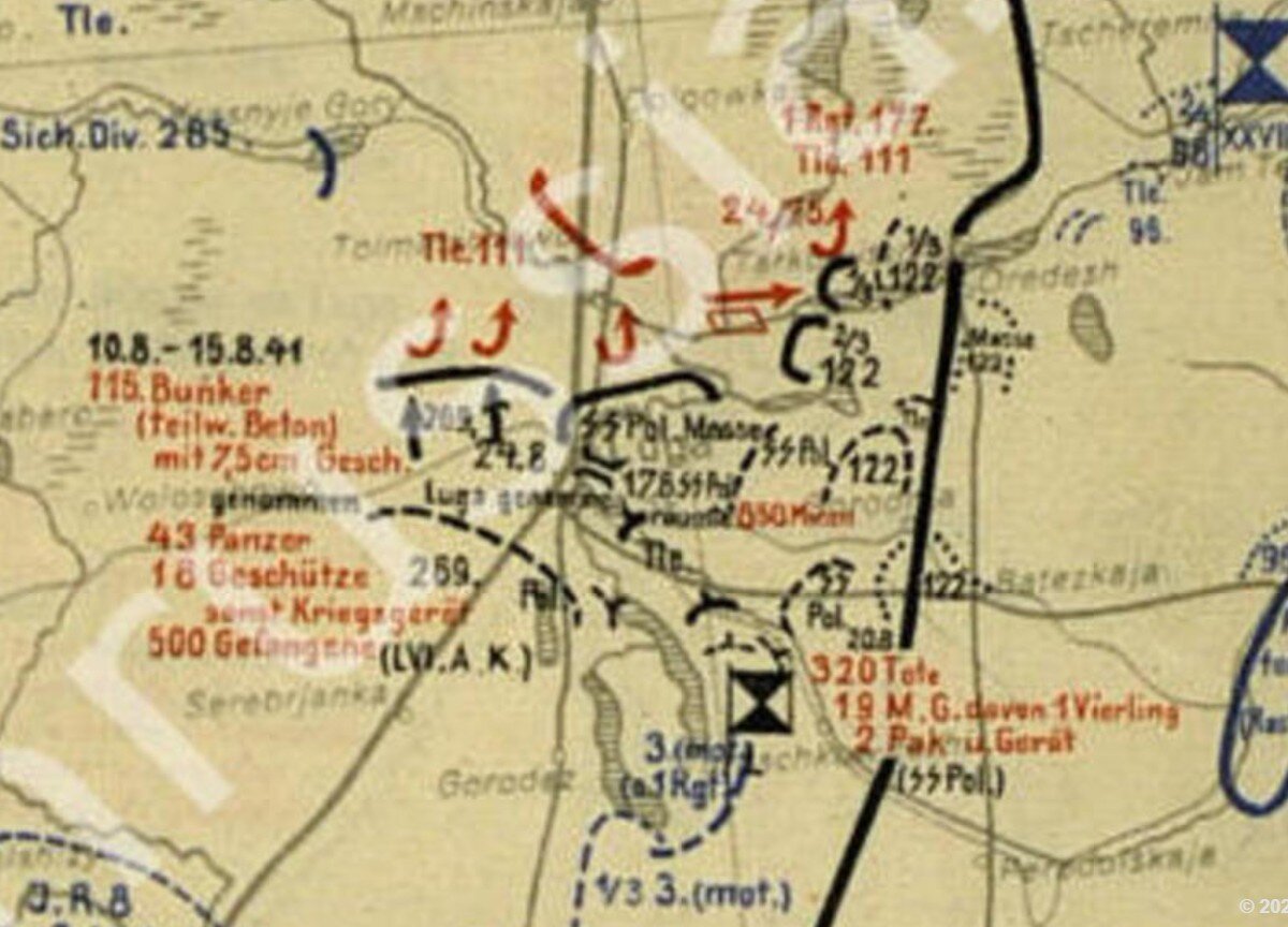 Положение на 24.08.1941 Обратите внимание на левую колонку - 115 захваченных бункеров, танки, орудия, пленные.
