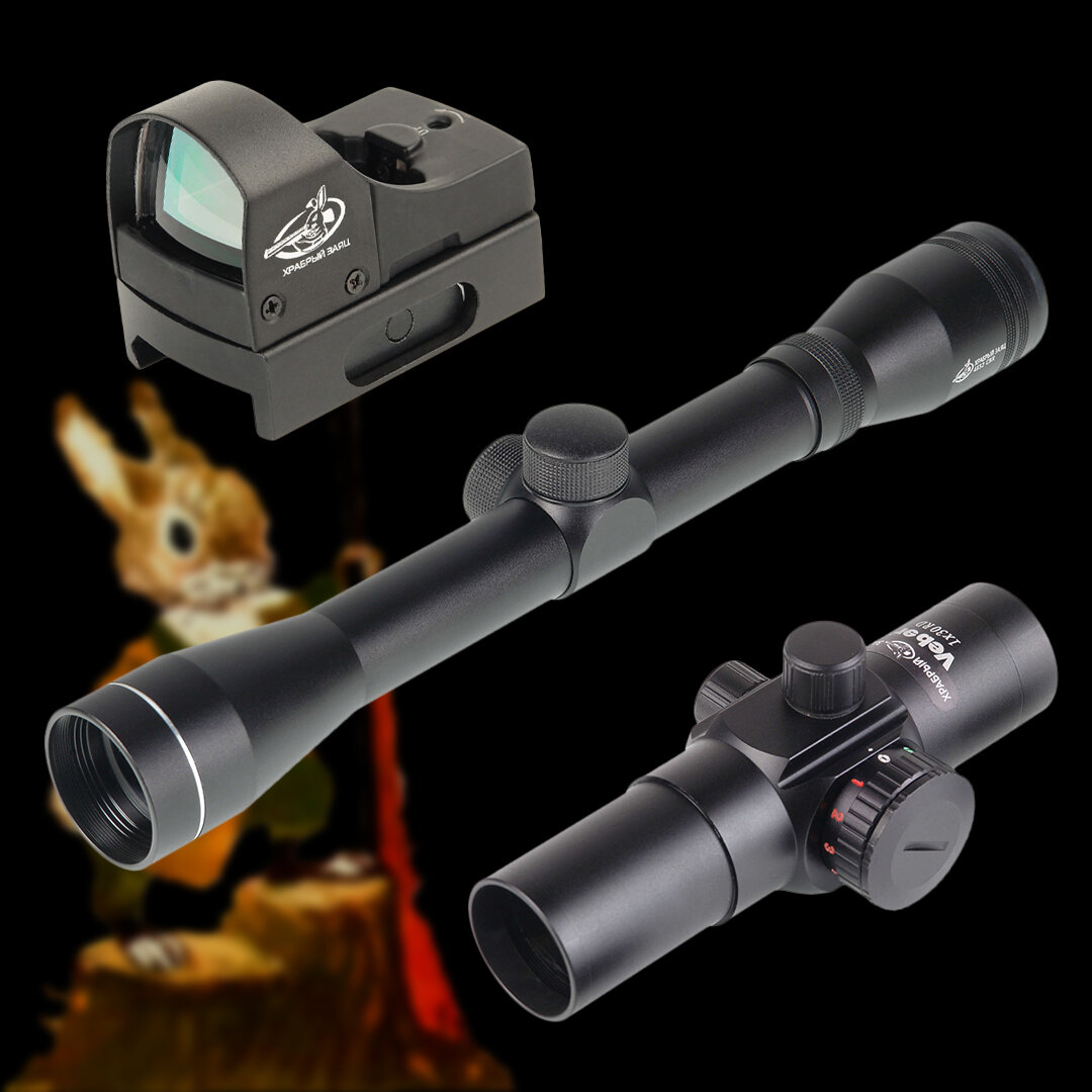 Сверху вниз: коллиматорный прицел Veber Храбрый Заяц 1х24 RG, оптический прицел Veber Храбрый Заяц 4x32 CBR, коллиматорный прицел Veber Храбрый Заяц 1х30 RD