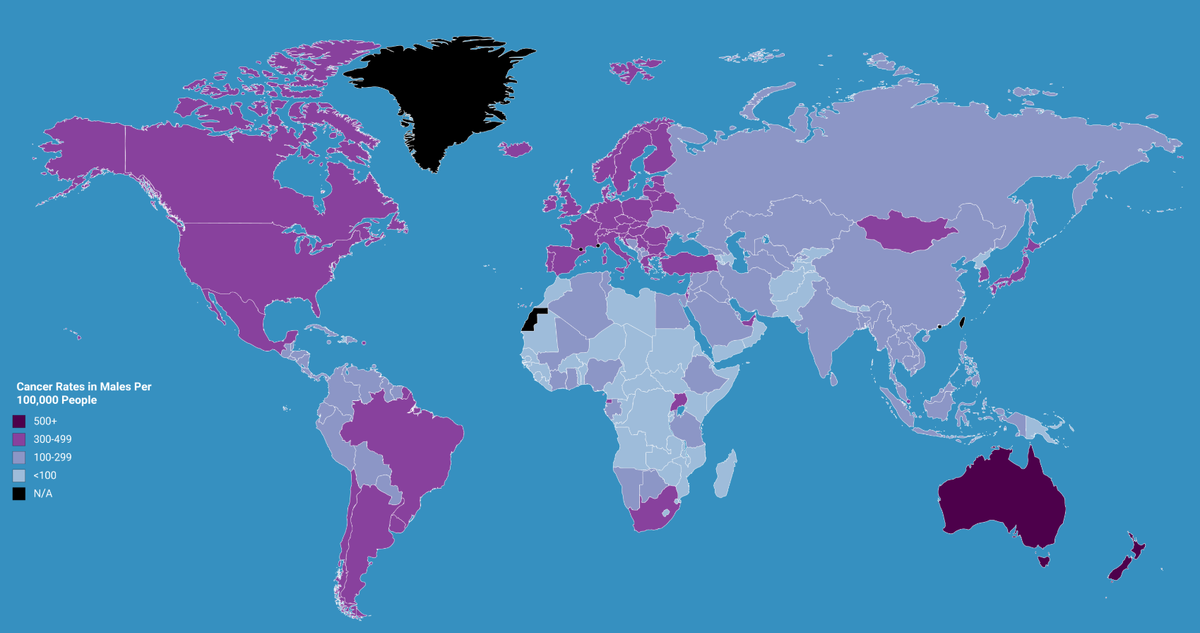 Количество смертей от рака среди мужчин на 100.000 человек в странах мира