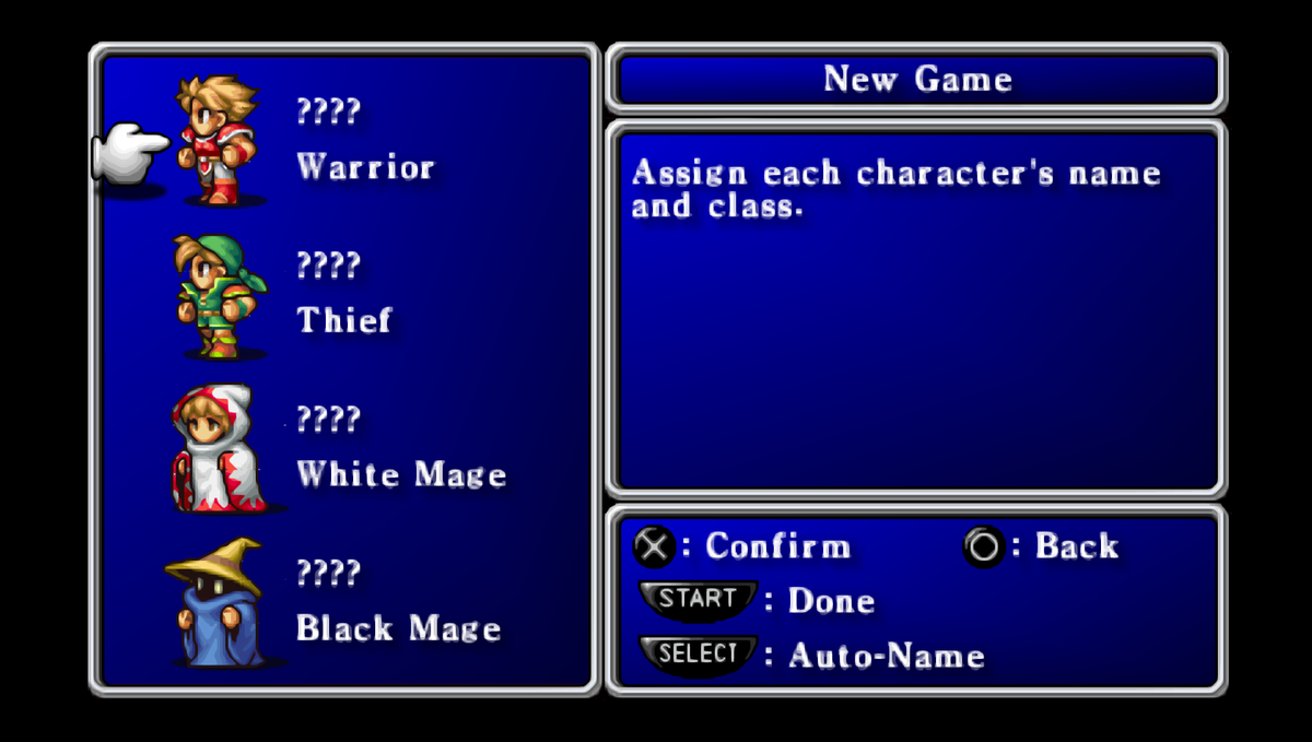 Стартовый экран выбора классов и имён для персонажей.