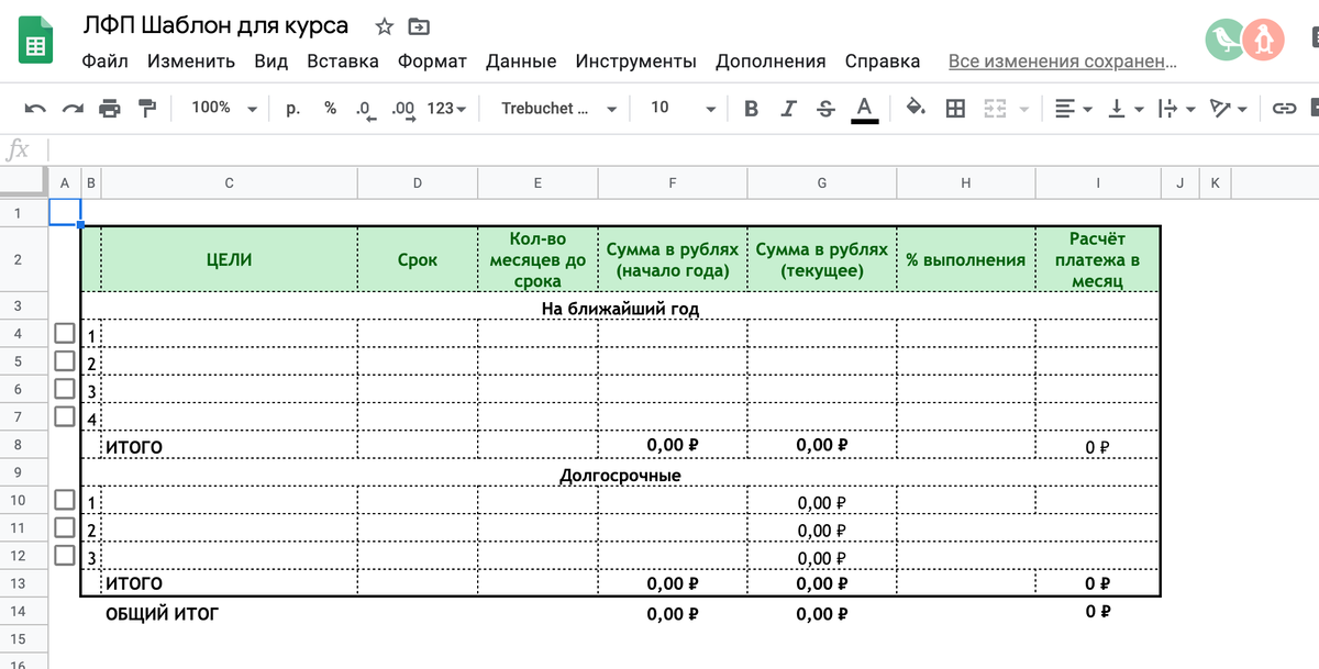 В таблице уже продуманы формулы, чтобы часть вычислений считать автоматически. Кроме того проставлены места, в которых галочкой надо будет отмечать реализованную цель (очень приятное занятие, кстати!)