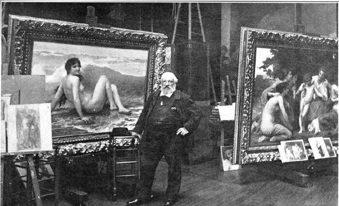 Бугро в мастерской. На фоне картин «Волна» и «Восхищение». Фото 1904 года