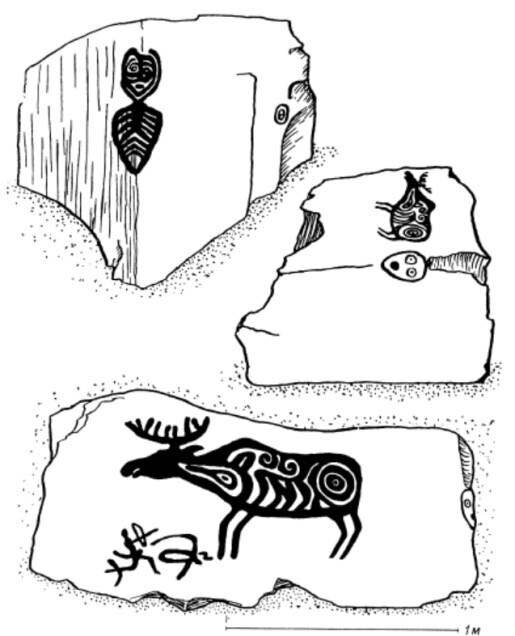 Так расположены петроглифы на камнях. Внизу самый известный петроглиф Сикачи-Аляня - олень. Это практически анатомическое изображение - рога, рёбра, сердце, печень, лёгкие, пищевод.