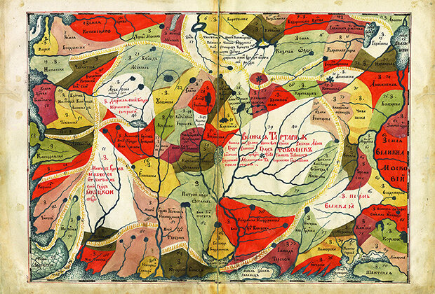 Чертежная книга Сибири, составленная тобольским сыном боярским Семеном Ремезовым. Тобольск, 1701 год. Лист 23: Чертеж расположения земель всей Сибири, Тобольска и всех других городов, населённых мест и степи