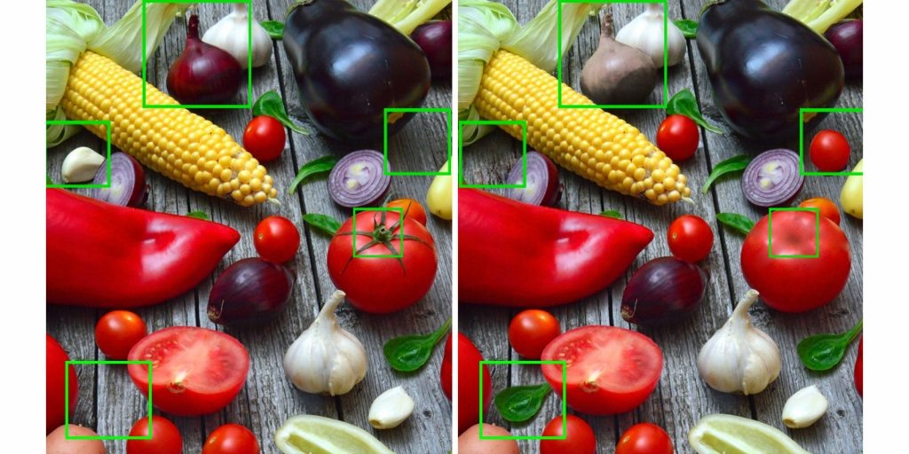 Отличия: появились дополнительные зелёный листочек и помидор, исчезла головка чеснока и черенок у помидора, сиреневая луковица стала серой.