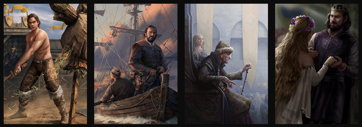 1 - Принц Вираксас в молодости (на заднем фоне можно увидеть короля Белогуна). 2 - Вираксас в изгнании. 3 - Король Белогун и его невеста Илдико. 4 - Король Вираксас и королева Илдико.