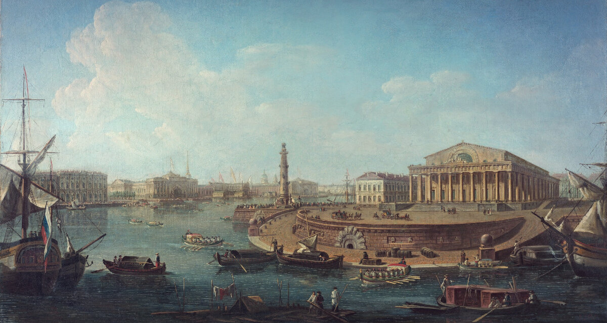 Торговля в Санкт-Петербурге в начале XIX века на картине художника Ф. Алексеева "Вид на Биржу и Адмиралтейство от Петропавловской крепости "