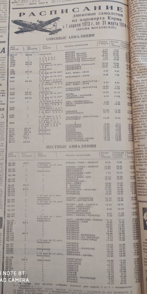 Расписание движения пассажирских самолетов из аэропорта Киров за 1973 год. Рейсов на Ли-2 в нем 20 штук. Расписание любезно предоставил Андрей Новиков.