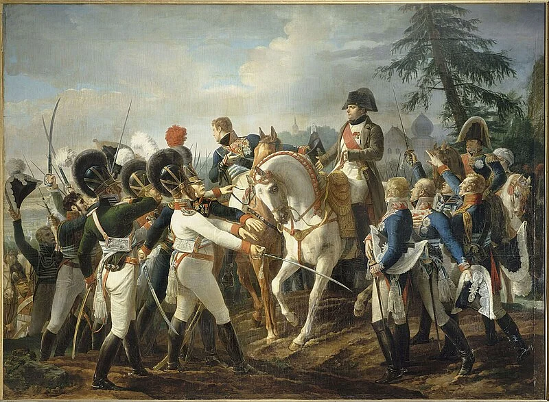 Emperor Napoleon I reviews Bavarian and Württemberger troops during the Battle of Abensberg, part of the War of the Fifth Coalition (1809). Painting by Jean-Baptiste Debret, 1810. 
Palace of Versailles.