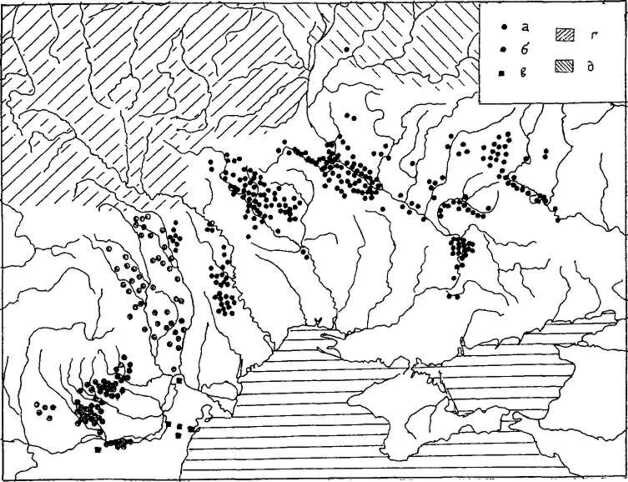 Расселение автов в V–VII вв. а — памятники пеньковской культуры; б — памятники с элементами пеньковской и пражско-корчакской культур и памятники ипотешти-кындештской культуры; в — византийские крепости; г — ареал пражско-корчакской культуры; д — колочинской культуры. 
Источник: https://historylib.org/historybooks/V--V--Sedov_Slavyane--Istoriko-arkheologicheskoe-issledovanie/16