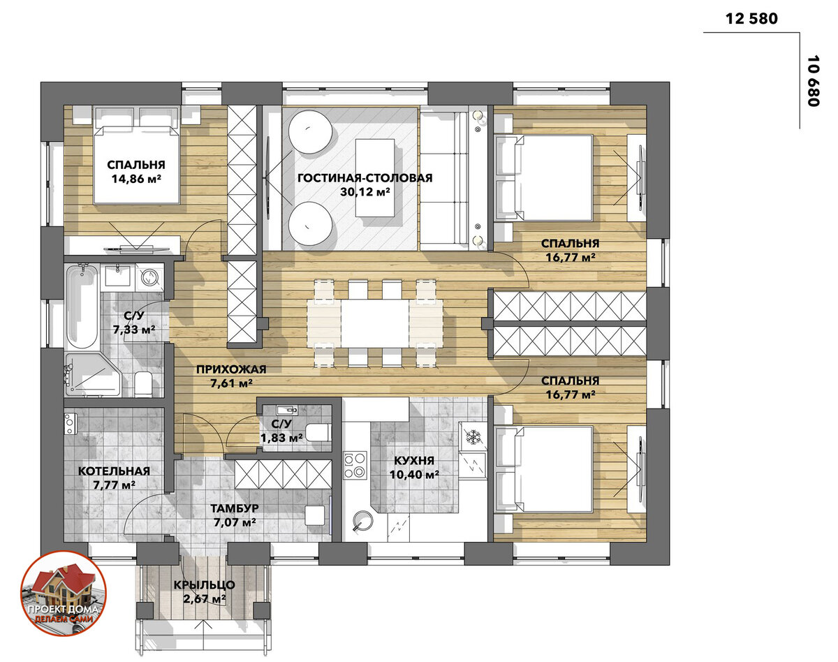 Одноэтажный 4-х комнатный дом из кирпича 11х13 м., общей площадью 123 кв.м.