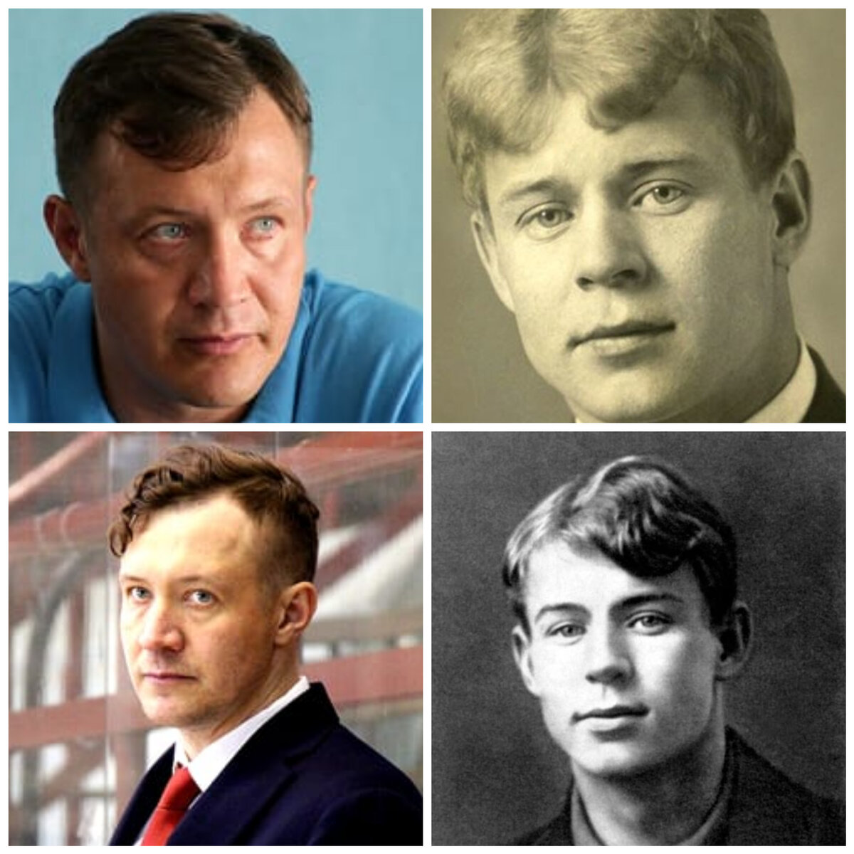 Портретное сходство главного тренера ХК "Зауралье" Алексея Чечина (левая половина фотоколлажа) и поэта Сергея Есенина (правая половина фотоколлажа).