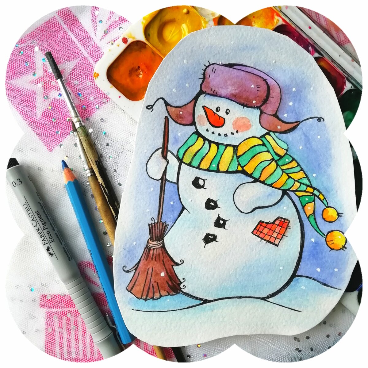 Снеговик рисунок блестки