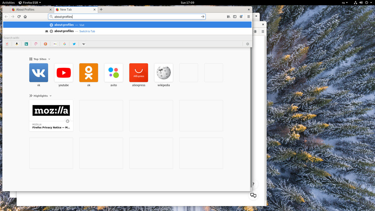 Переход на страницу about:profiles в Firefox