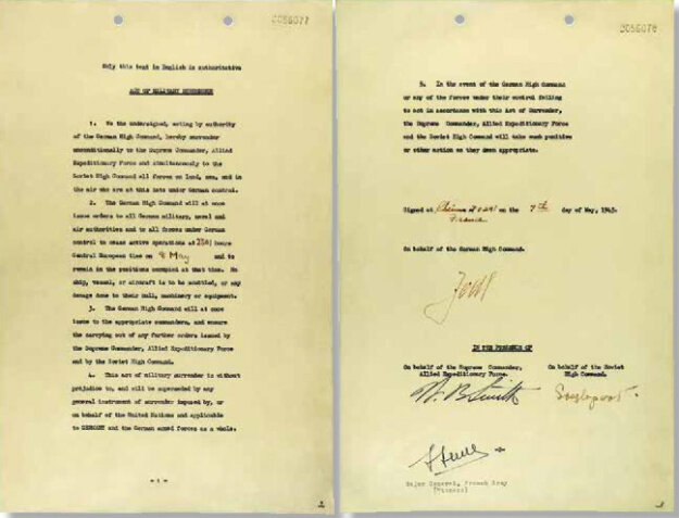  Предварительный акт о капитуляции германских вооруженных сил.
2 часа 41 минута 7 мая 1945 г. Подлинник. Сборник документов "ГЛАВНЫЕ ДОКУМЕНТЫ ВЕЛИКОЙ ОТЕЧЕСТВЕННОЙ ВОЙНЫ"