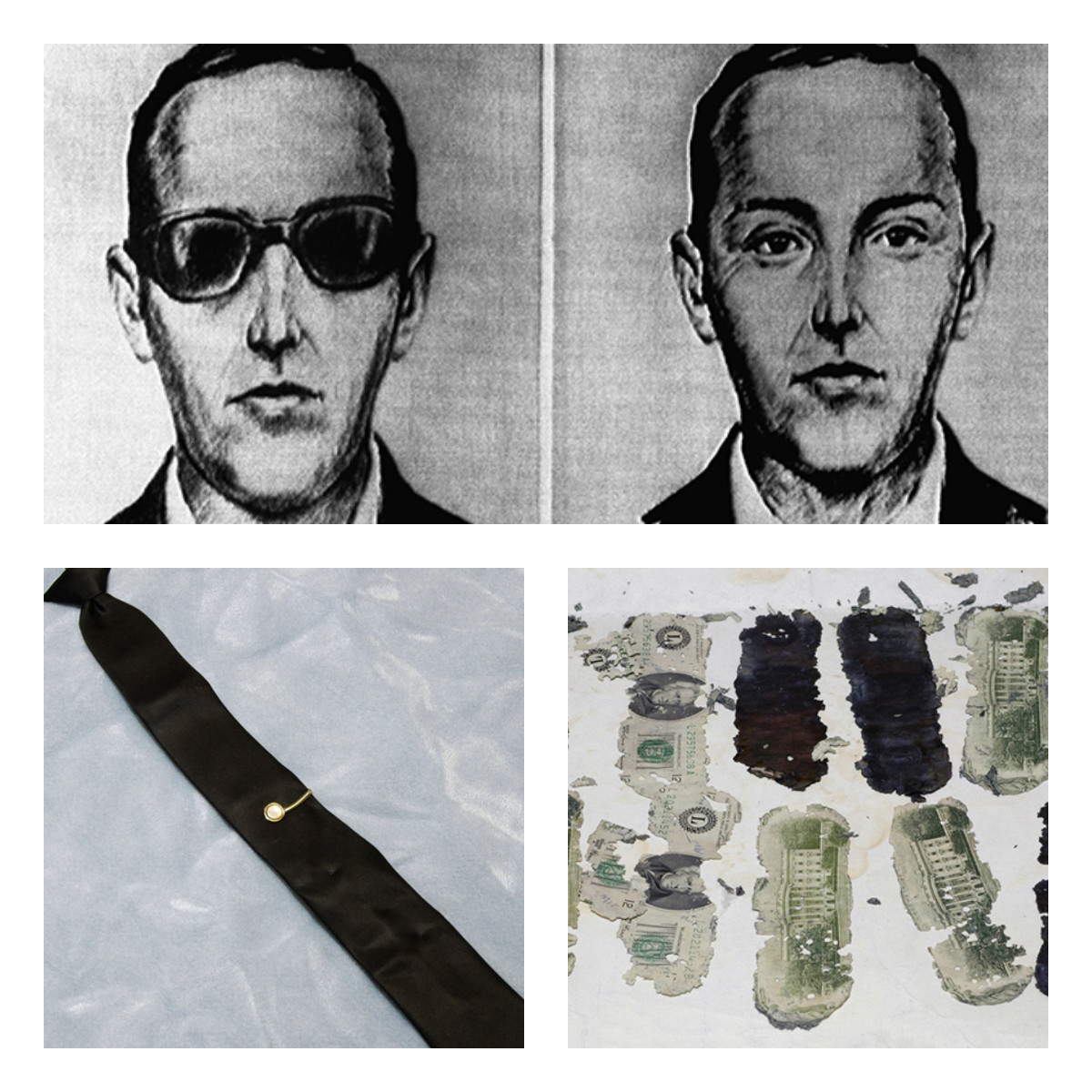 Фоторобот Дэна Купера. Галстук, оставленный угонщиком в лайнере. Купюры, найденные на пляже, из выкупа, переданного Куперу