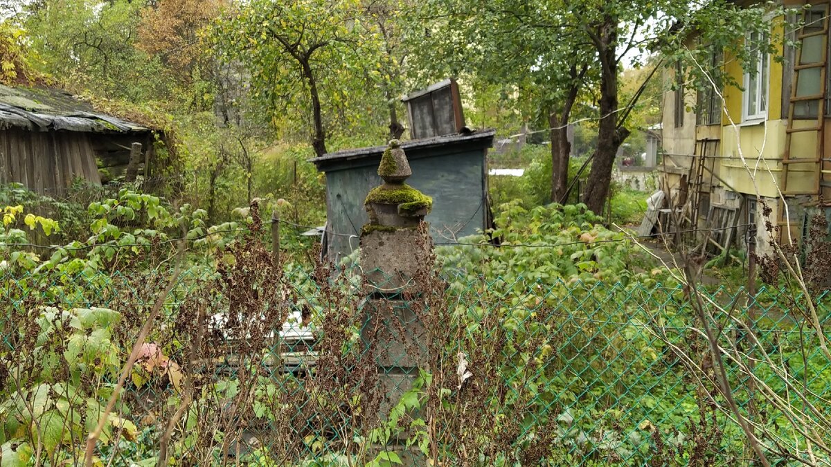 Но даже простой и сугубо утилитарный бетонный столбик забора имеет свою изюминку. И это на каждом столбе. Отличается только уровень замшелости.