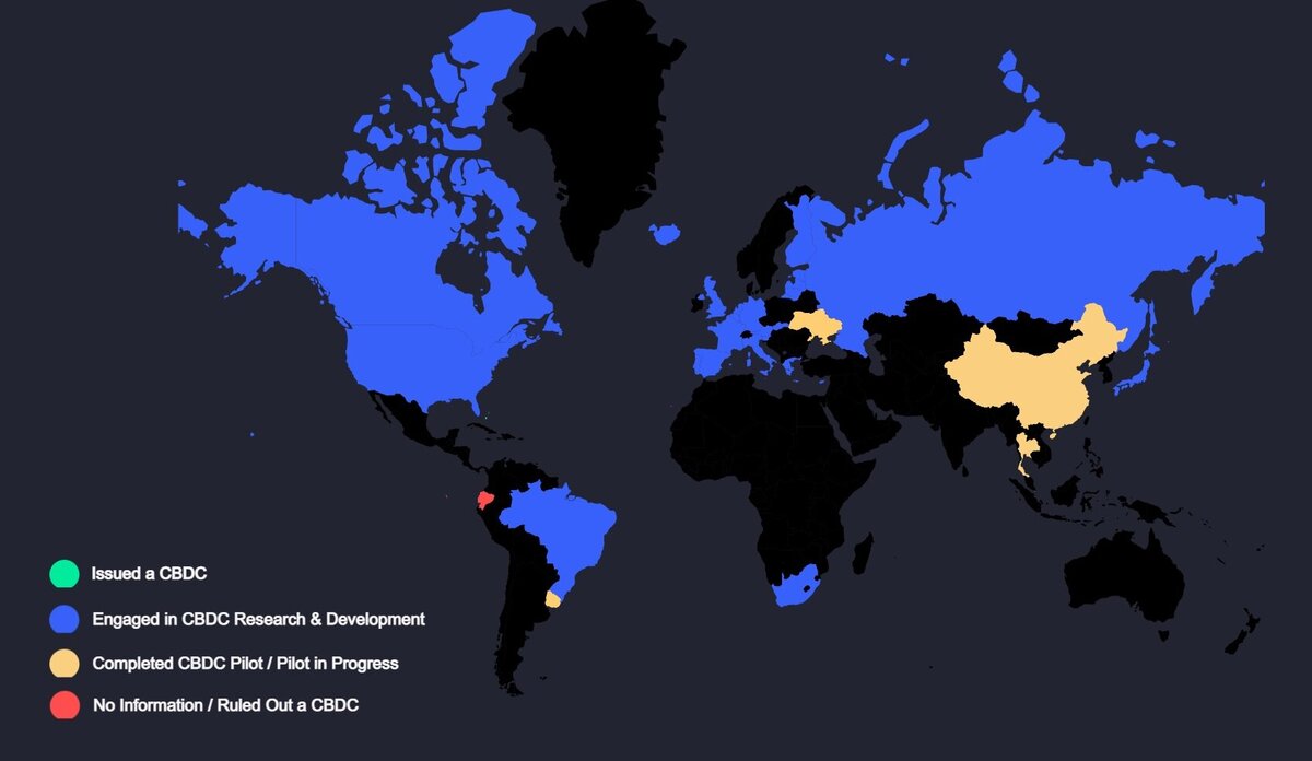 Положение России на карте, которая отражает стадии разработки национальных цифровых валют в мире. Данные: CoinMarketCap
