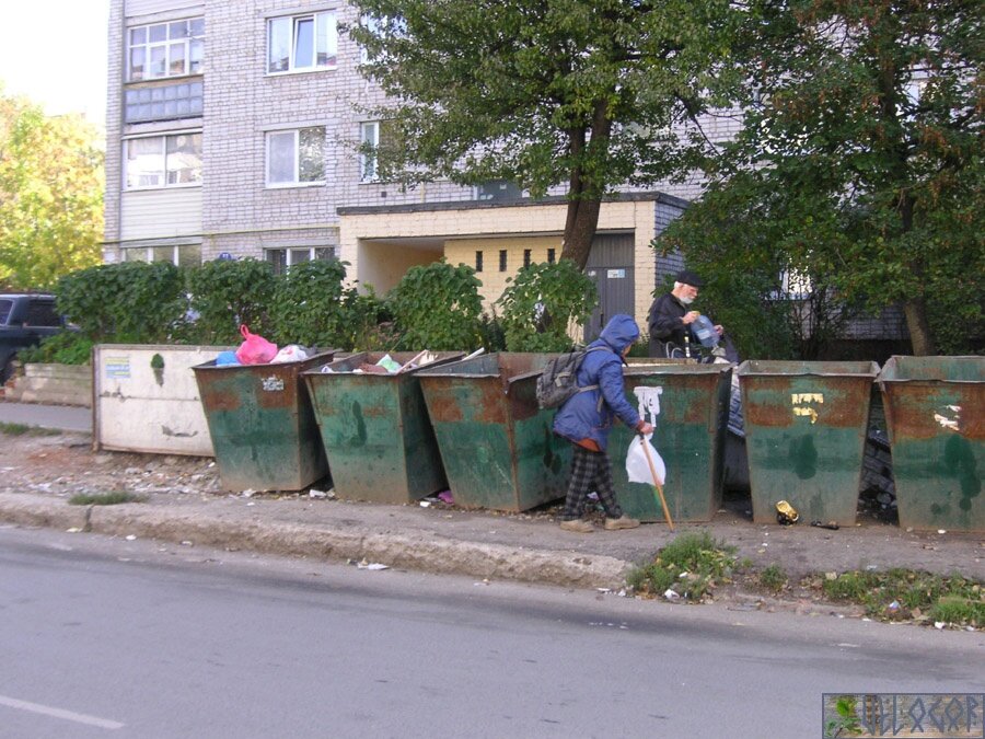 Пенсионеры роются в мусорных контейнерах, иллюстрация к статье.