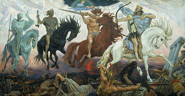  «Воины Апокалипсиса» (1887) Худ. Виктор Васнецов                                                 Всадник на белом коне: Чума/Завоеватель                                                                 Всадник на рыжем коне: Война/Раздор
Всадник на вороном коне: Голод
Всадник на бледном коне: Смерть
