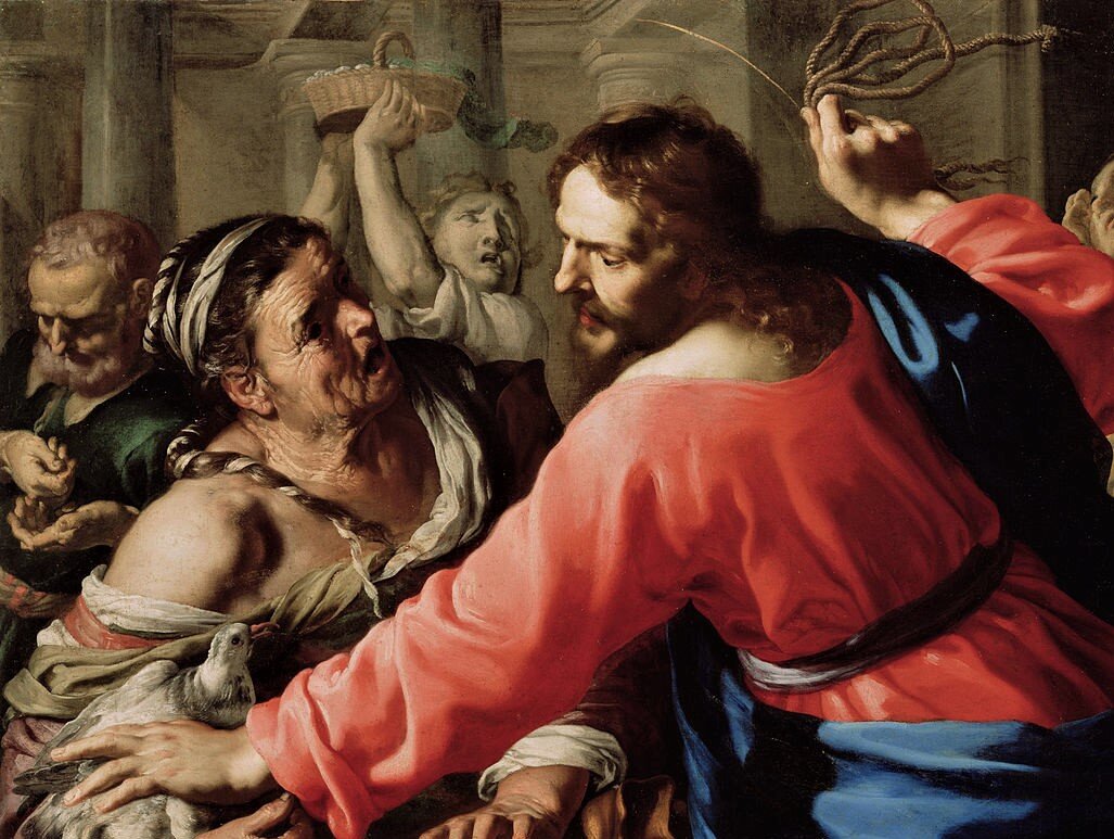 Иисус изгоняет менял и торговку голубями. 