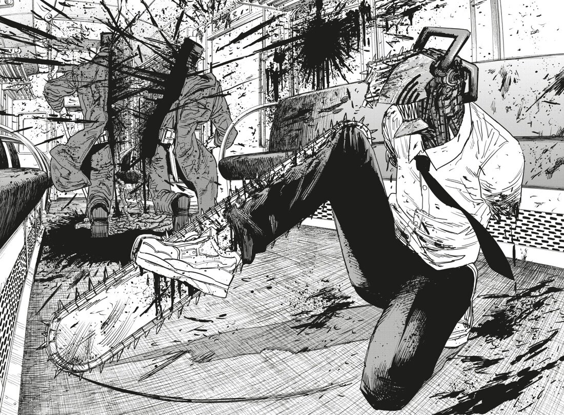 Разворот из манги Тацуки Фудзимото «Человек-бензопила 3. Книги 5–6: Несовершеннолетний. Бум-бум-бум» © ООО «Издательская Группа «Азбука-Аттикус»
