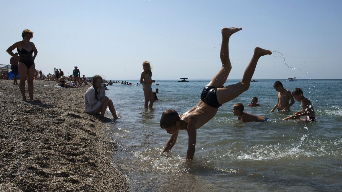    Отдыхающие на пляже Черного моря у детского оздоровительного лагеря "Голубая волна" в Сакском районе Крыма© РИА Новости / Сергей Мальгавко