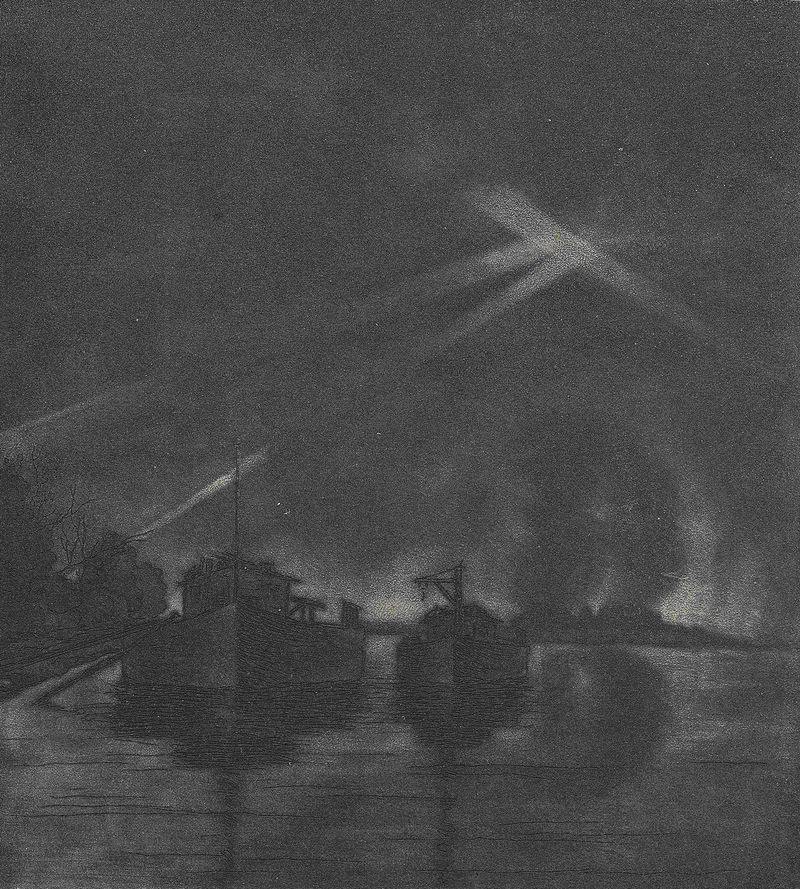 1942 г. Прожектора над Волгой во время бомбёжки. Рисунок Скворцова А.В.