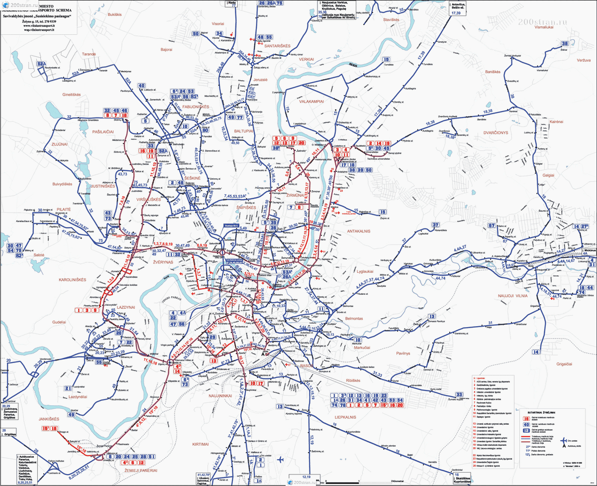 Транспортная сеть Вильнюса. Красные - троллейбусы, синие - автобусы. Первых не очень много, но они охватывают все основные пассажирообразующие направления. 