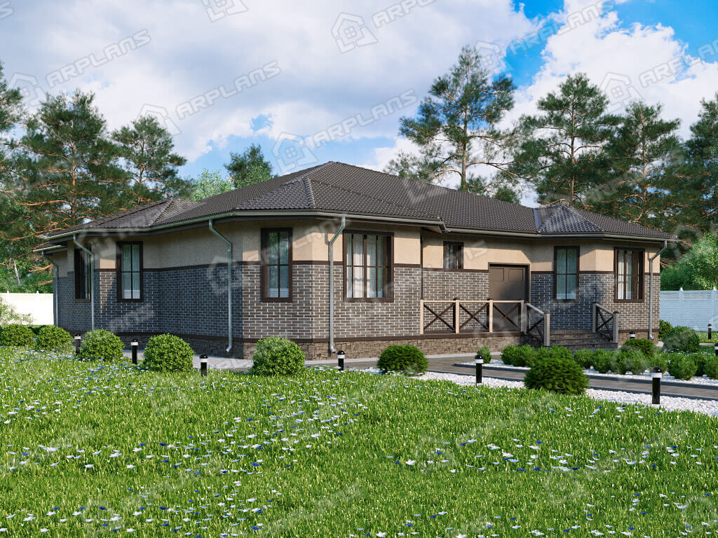 Фото 1 одноэтажного дома из газобетона с 4 спальнями и эркером. 250 кв м. Источник arplans.ru Проект К-377