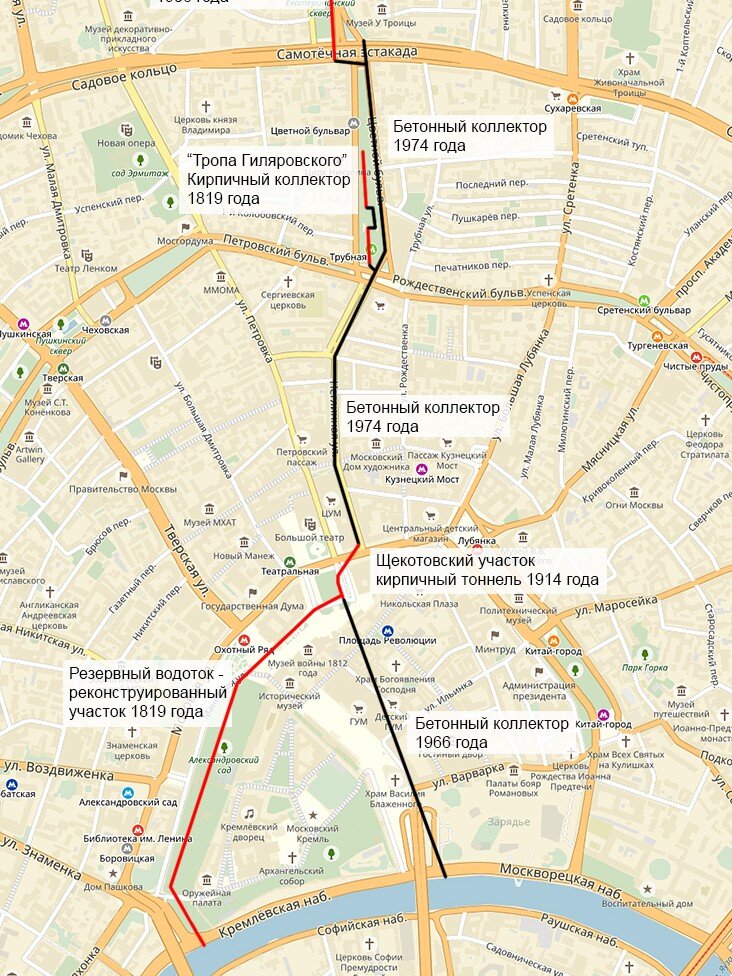 Схема коллекторов, по которым течёт Неглинная. Источник: Moscowwalks