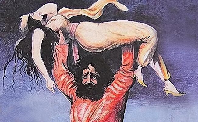 «...Мощным взмахом поднимает / Он красавицу княжну / И за борт её бросает / В набежавшую волну...».